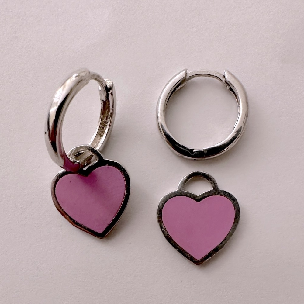 925 Silver purple enamel love heart hoops earrings